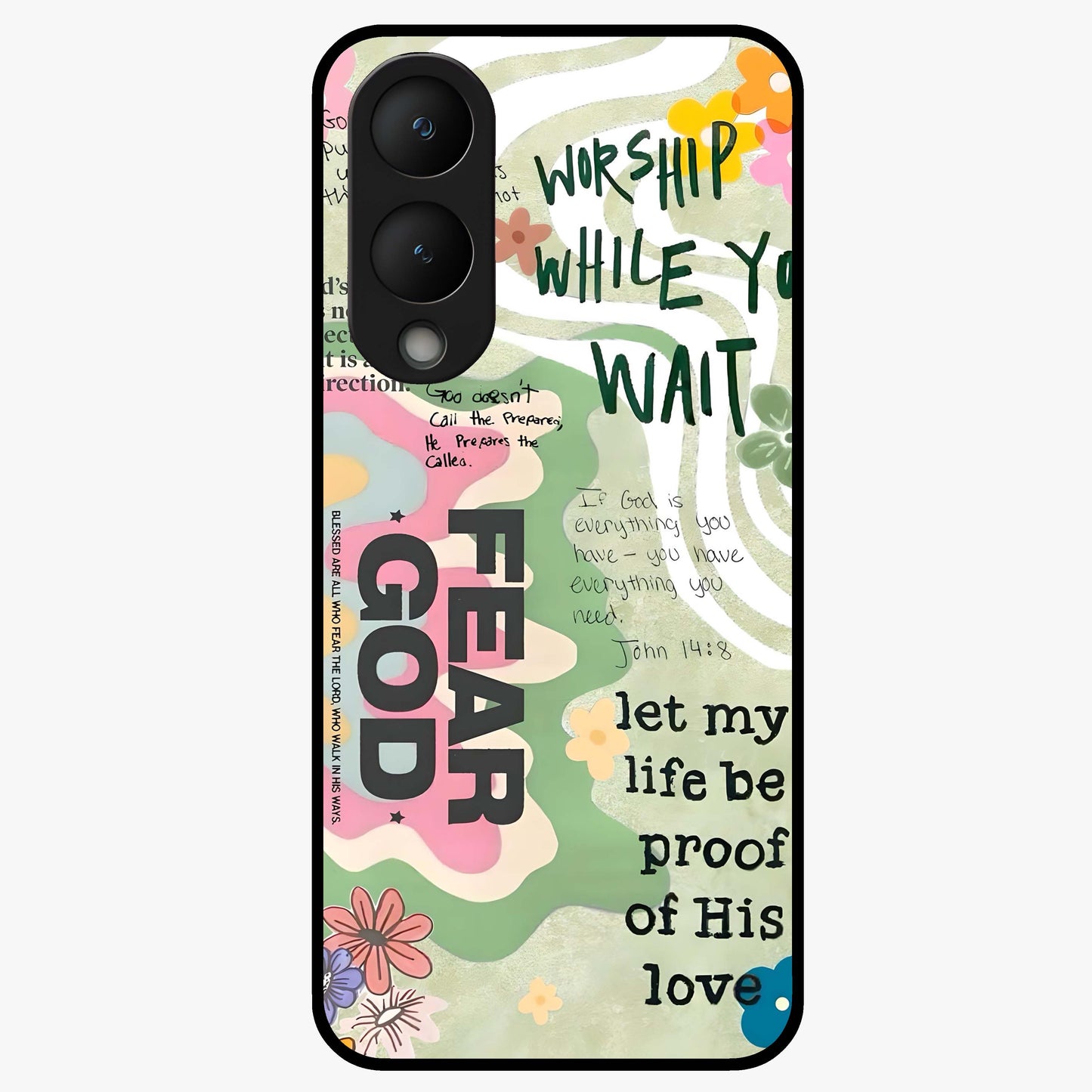 Faith Over Fear Glass Case showing flat back view with motivational typography artwork and glossy glass finish.