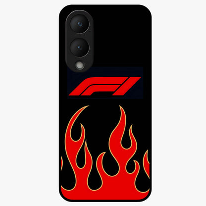 Fire F11 Glass Case showing flat back view with fiery themed artwork and glossy glass finish.