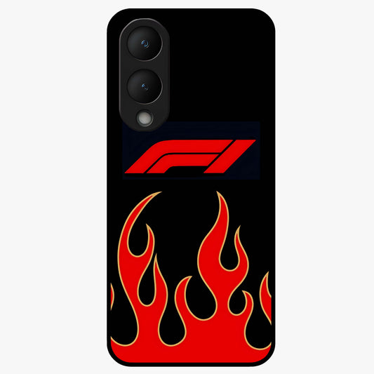 Fire F11 Glass Case showing flat back view with fiery themed artwork and glossy glass finish.
