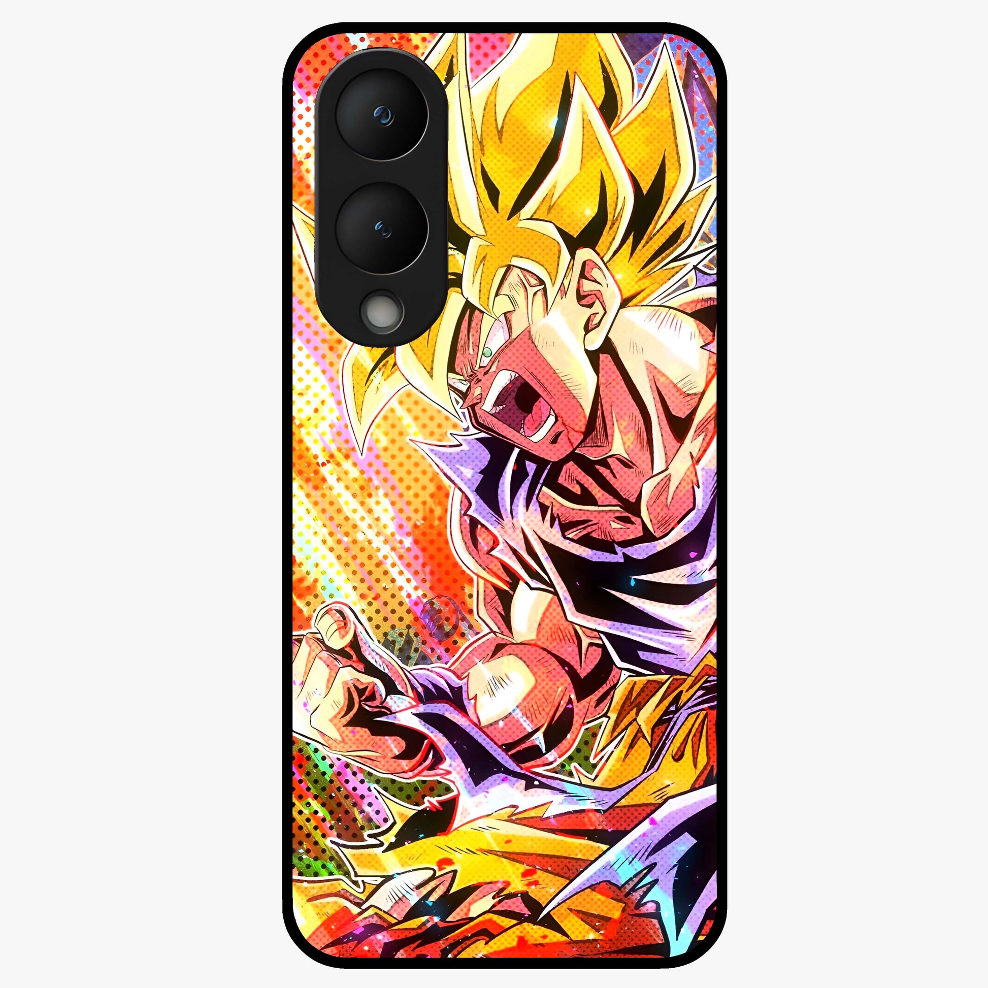 Firing Goku Glass Case showing flat back view with powerful anime inspired artwork and glossy glass finish.