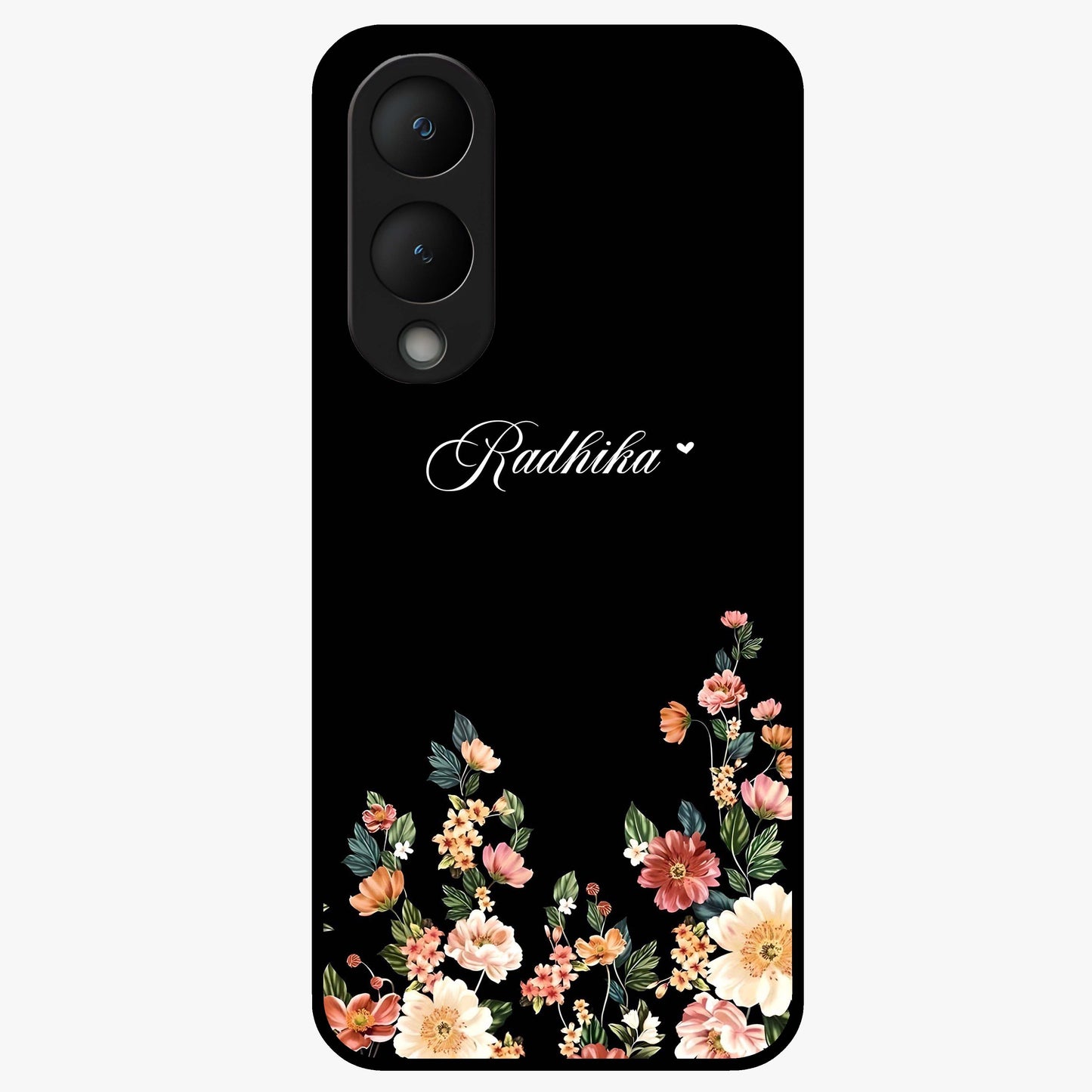 Floral Design With a Custom Personalized Name Glass Case showing flat back view with floral artwork and personalized name design.