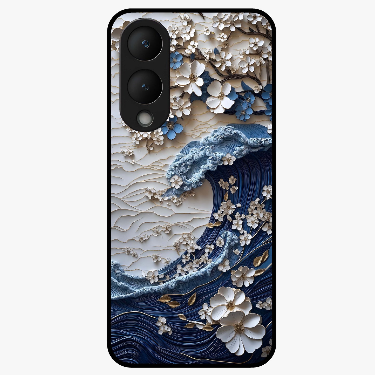 Floral Wave Origami Glass Case showing flat back view with origami inspired floral wave artwork and glossy glass finish.