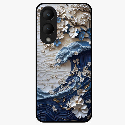Floral Wave Origami Glass Case showing flat back view with origami inspired floral wave artwork and glossy glass finish.