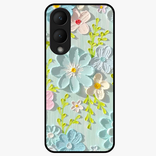 Frosted Petal Garden Glass Case showing flat back view with soft frosted floral artwork and glossy glass finish.