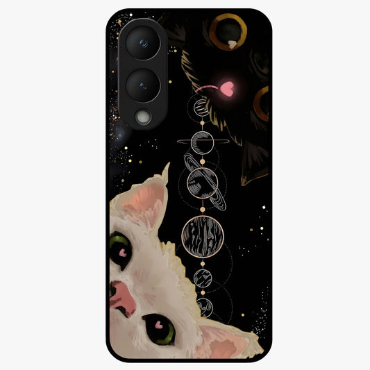 Galactic Cat Glass Case showing flat back view with cosmic cat artwork and glossy glass finish.