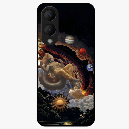 Galactic Divine God Glass Case showing flat back view with divine cosmic themed artwork and glossy glass finish.