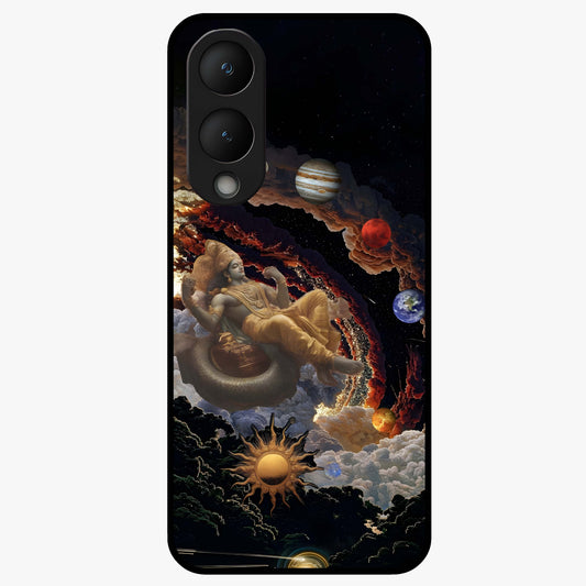 Galactic Divine God Glass Case showing flat back view with divine cosmic themed artwork and glossy glass finish.