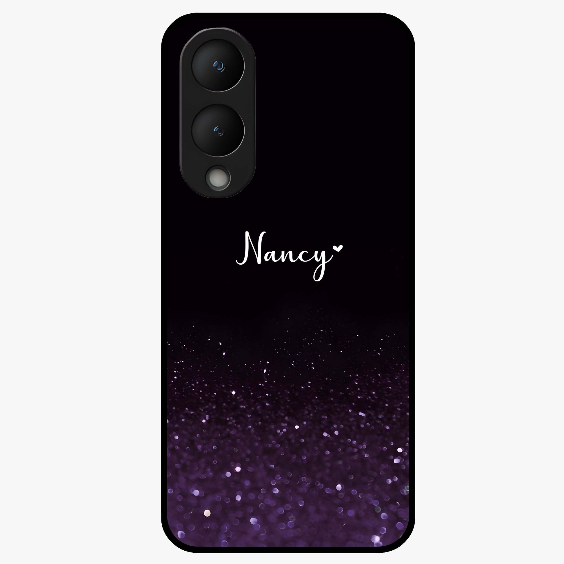 Glittery Purple Bokeh Custom Name Glass Case showing flat back view with purple bokeh sparkle artwork and personalized name design.