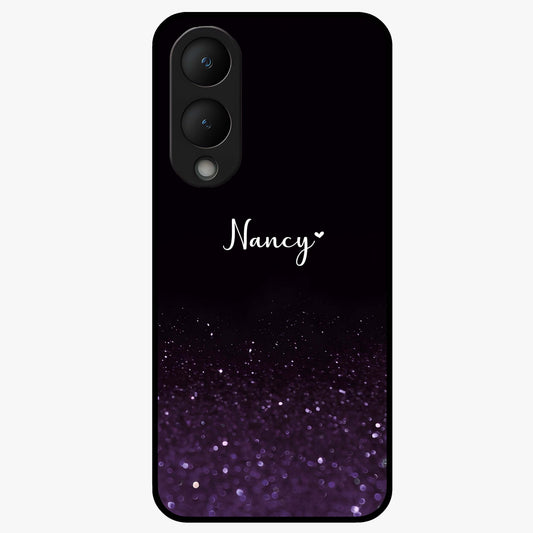 Glittery Purple Bokeh Custom Name Glass Case showing flat back view with purple bokeh sparkle artwork and personalized name design.