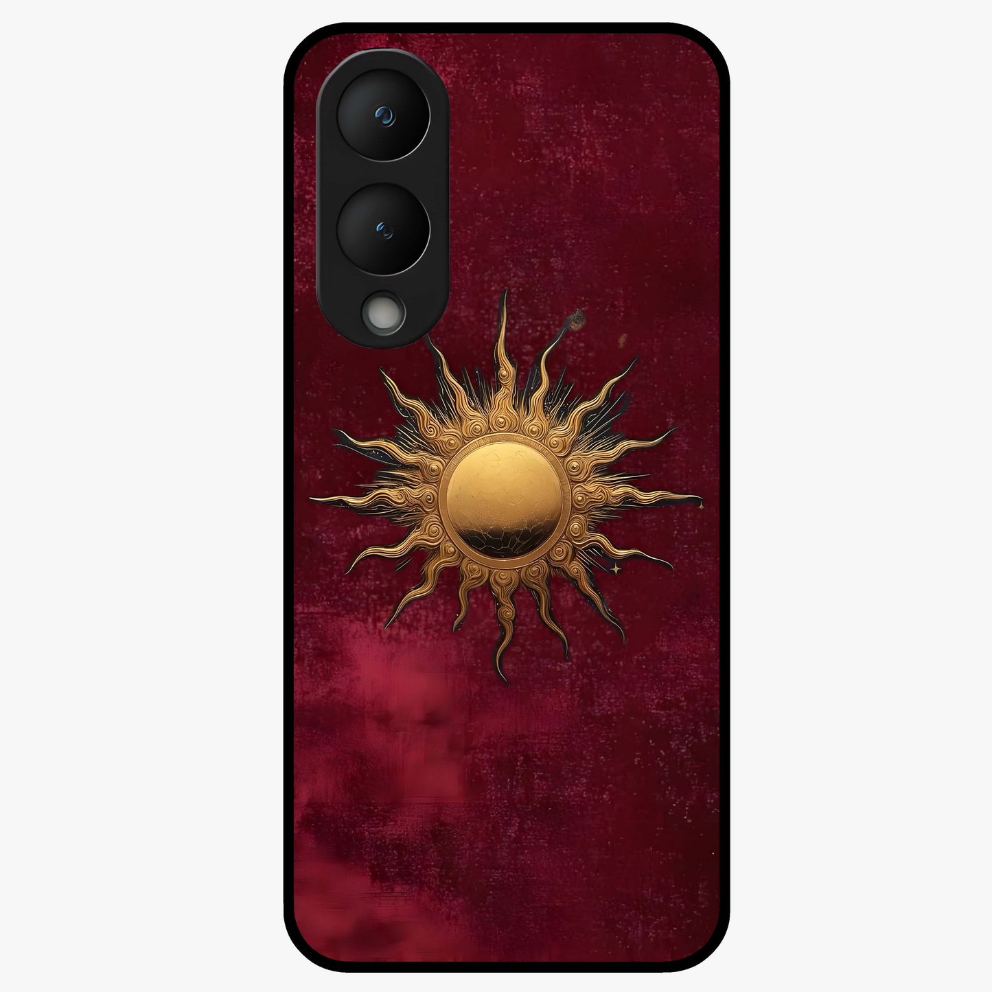 Gold Sun Blush Glass Case showing flat back view with golden sun inspired artwork and glossy glass finish.