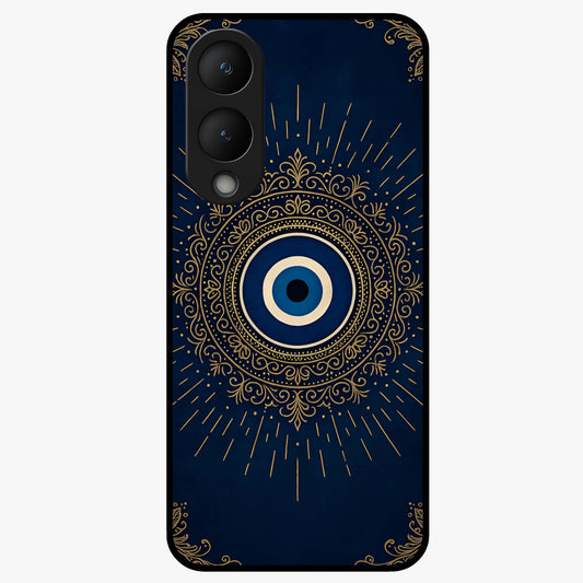 Golden Evil Eye Mandala Glass Case showing flat back view with intricate evil eye mandala artwork and glossy glass finish.