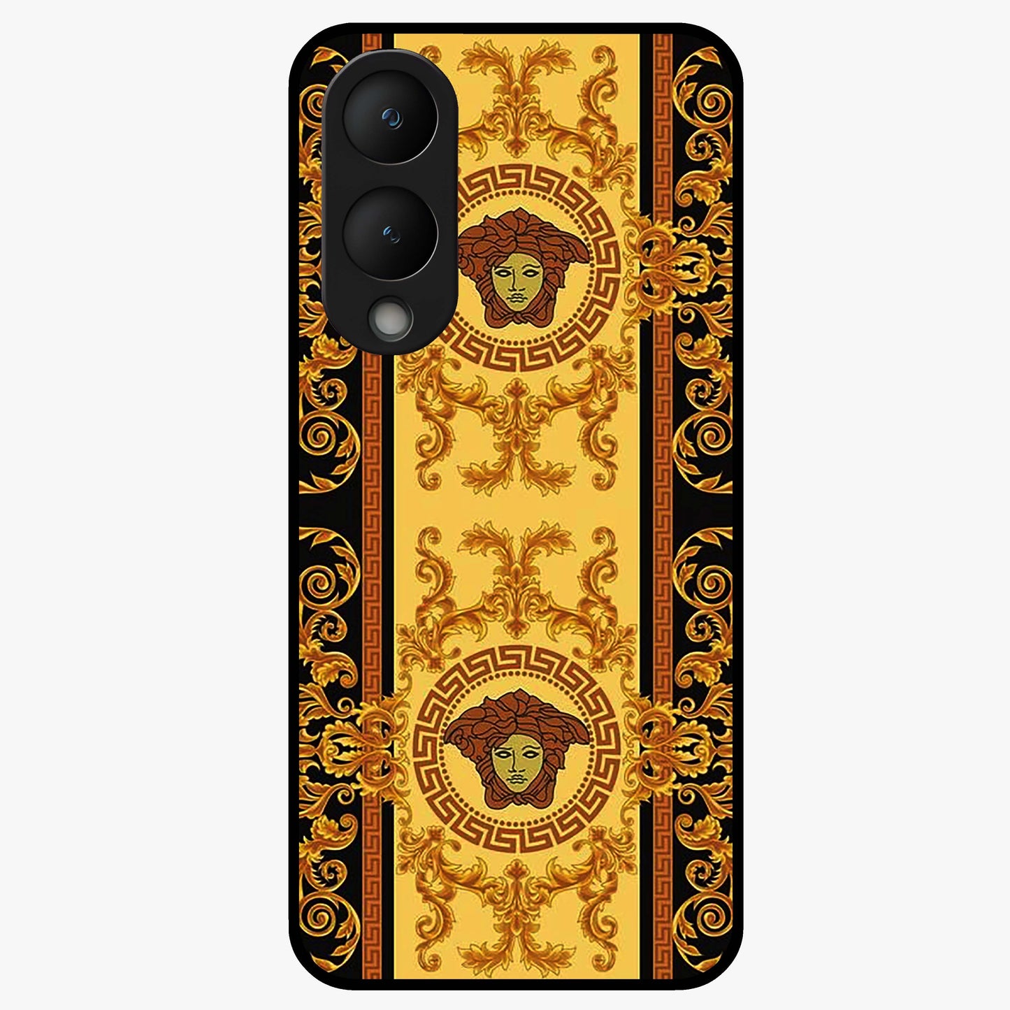 Golden Royal Heritage Glass Case showing flat back view with ornate royal pattern artwork and glossy glass finish.