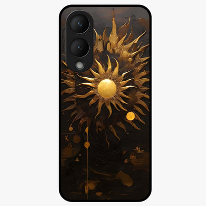 Golden Sun Majesty Glass Case showing flat back view with radiant golden sun artwork and glossy glass finish.