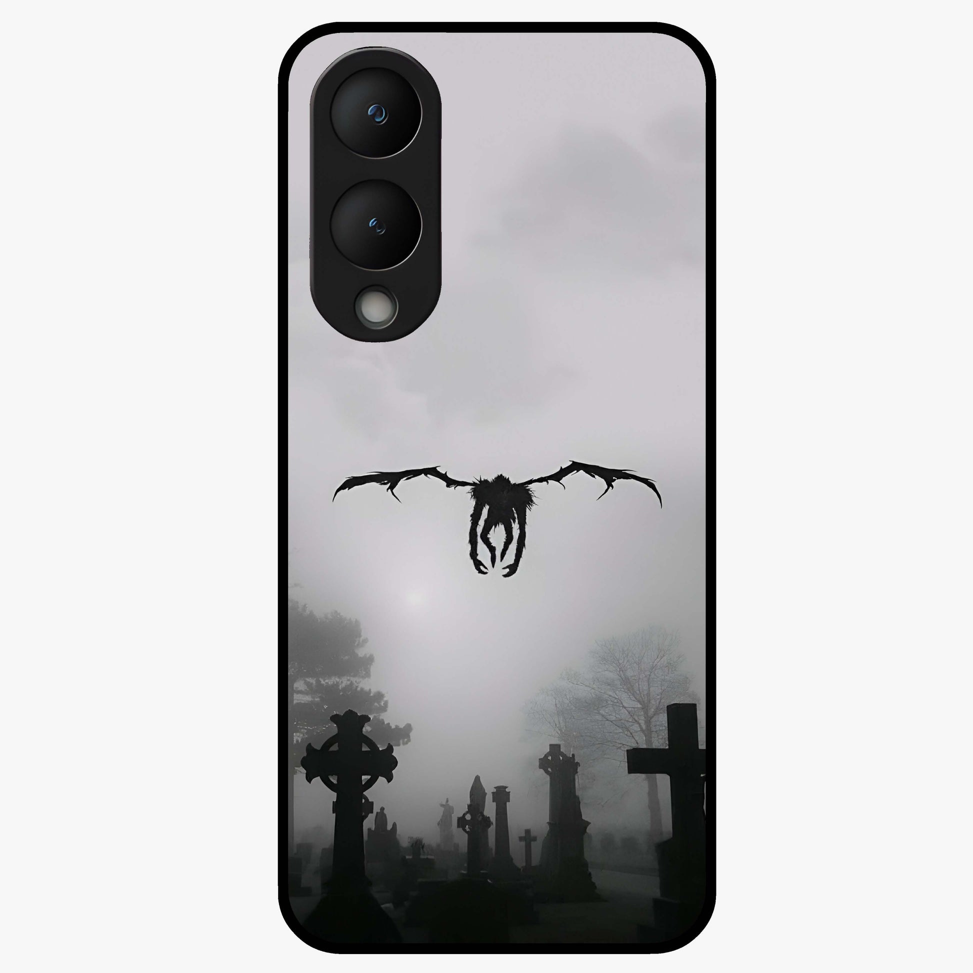Graveyard Shadow Descent Glass Case showing flat back view with dark graveyard themed artwork and glossy glass finish.