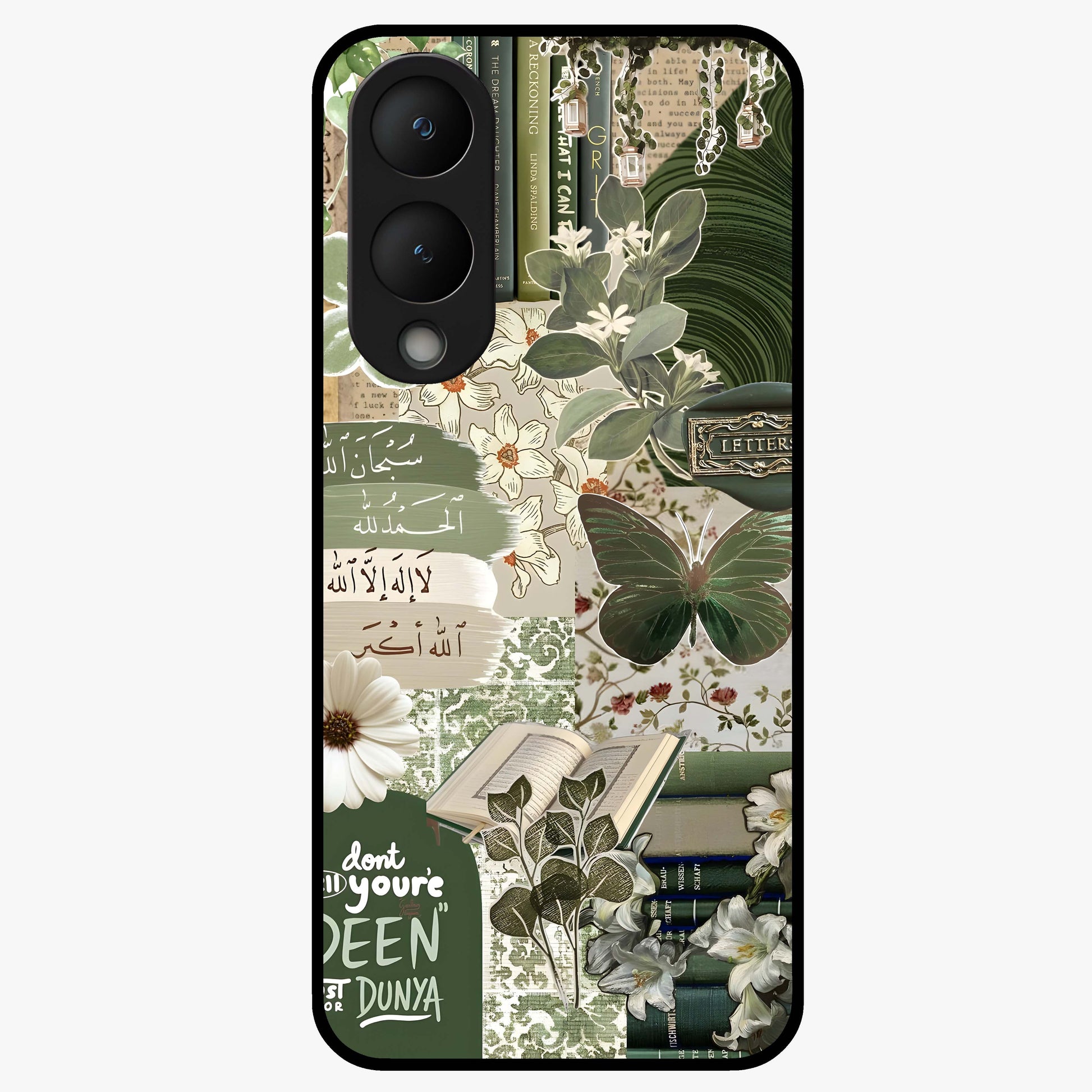 Green Islamic Books Quotes Glass Case showing flat back view with Islamic quotes and book themed artwork and glossy glass finish.
