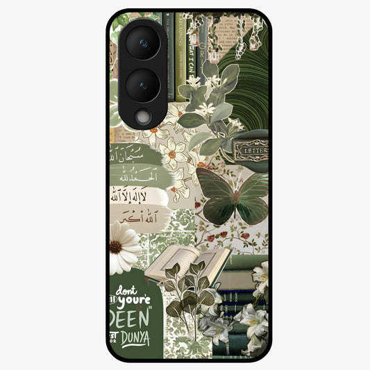 Green Islamic Books Quotes Glass Case showing flat back view with Islamic quotes and book themed artwork and glossy glass finish.