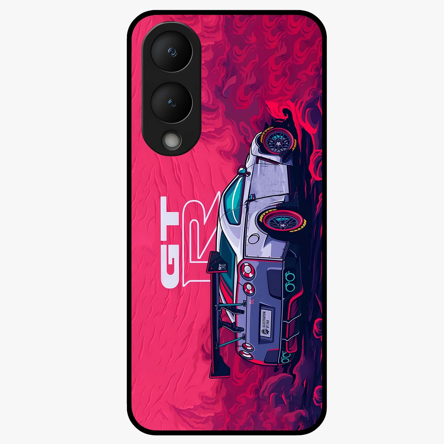 GT-R Car Pattern Glass Case showing flat back view with sporty car inspired pattern artwork and glossy glass finish.