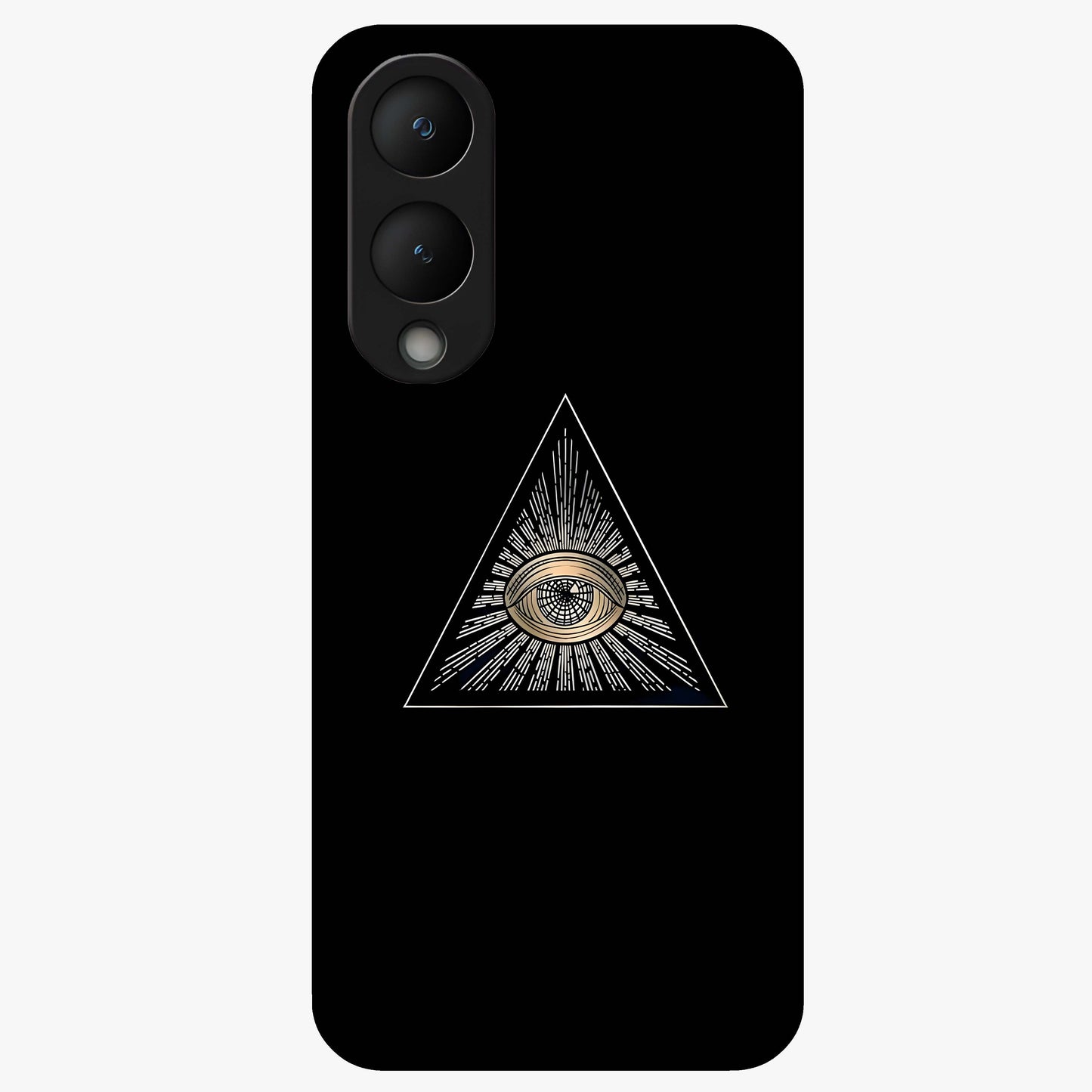 Illuminati Evil Glass Case showing flat back view with mysterious illuminati symbol artwork and glossy glass finish.