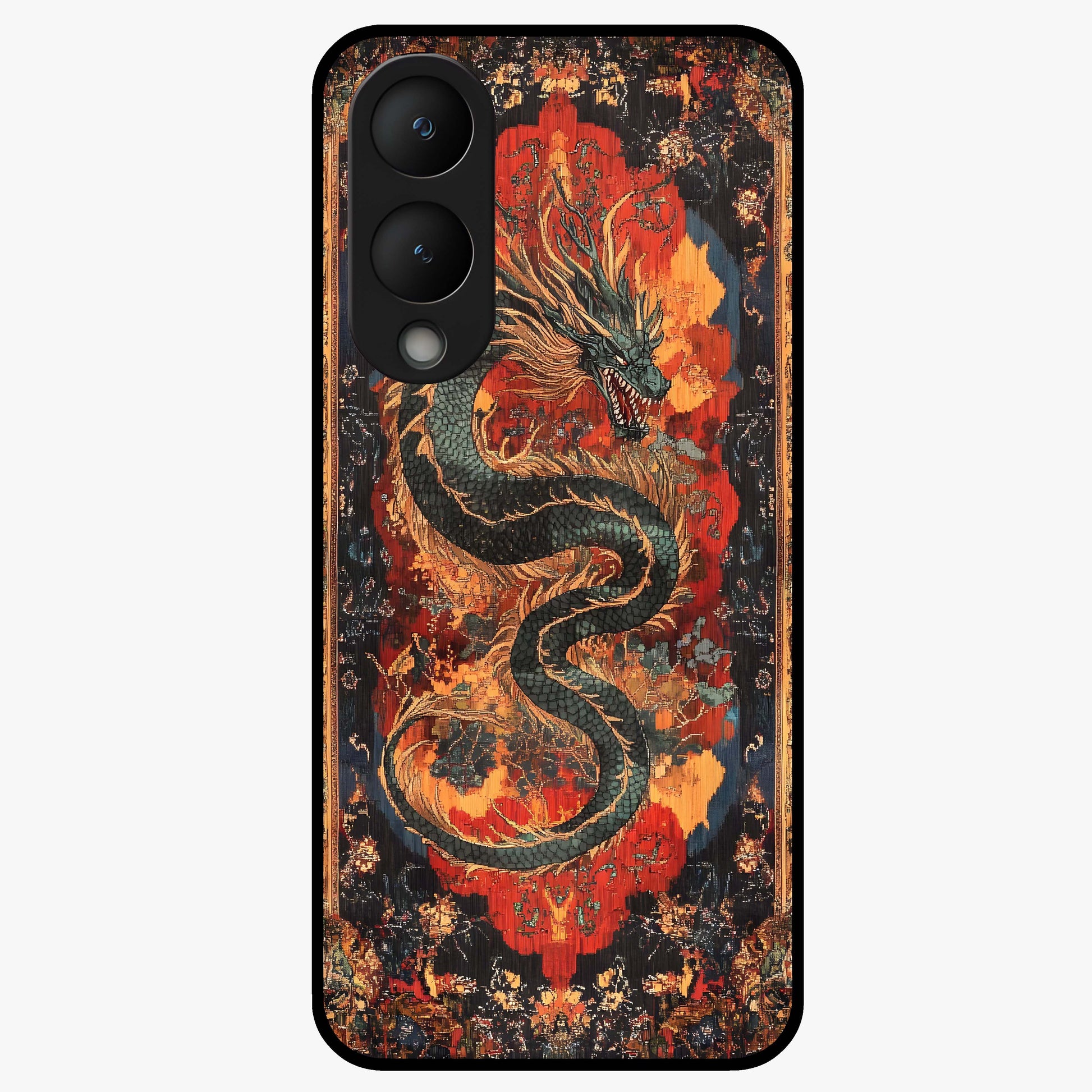 Inferno Dragon Soul Glass Case showing flat back view with fiery dragon artwork and glossy glass finish.