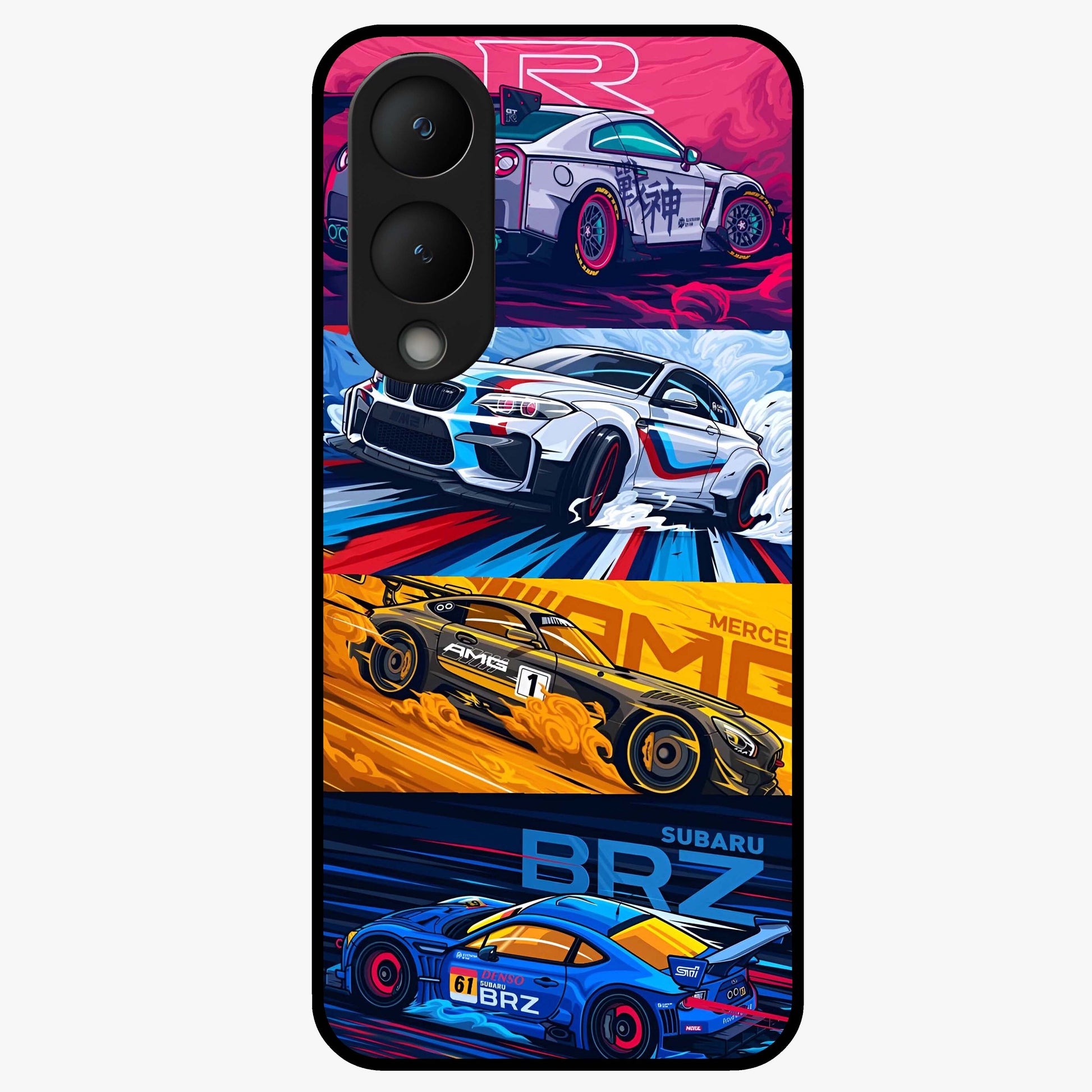 JDM Sports Car Glass Case showing flat back view with high performance sports car artwork and glossy glass finish.