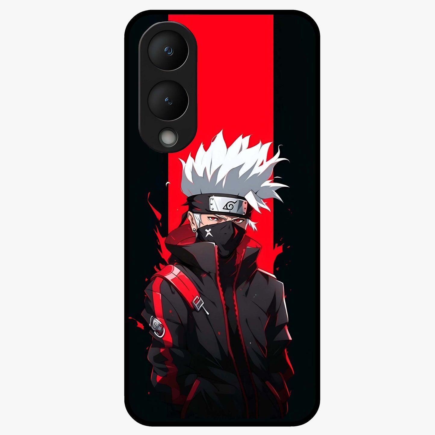 Kakashi Scarlet Shadow Glass Case showing flat back view with powerful anime ninja artwork and glossy glass finish.