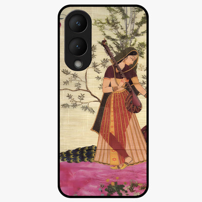 Lady With Veena Art Glass Case showing flat back view with elegant woman playing veena artwork and glossy glass finish.