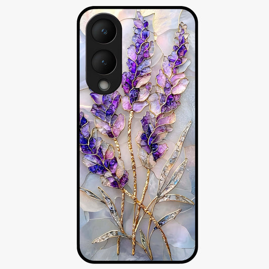 Lavender Dream Glow Glass Case showing flat back view with glowing lavender aesthetic artwork and glossy glass finish.