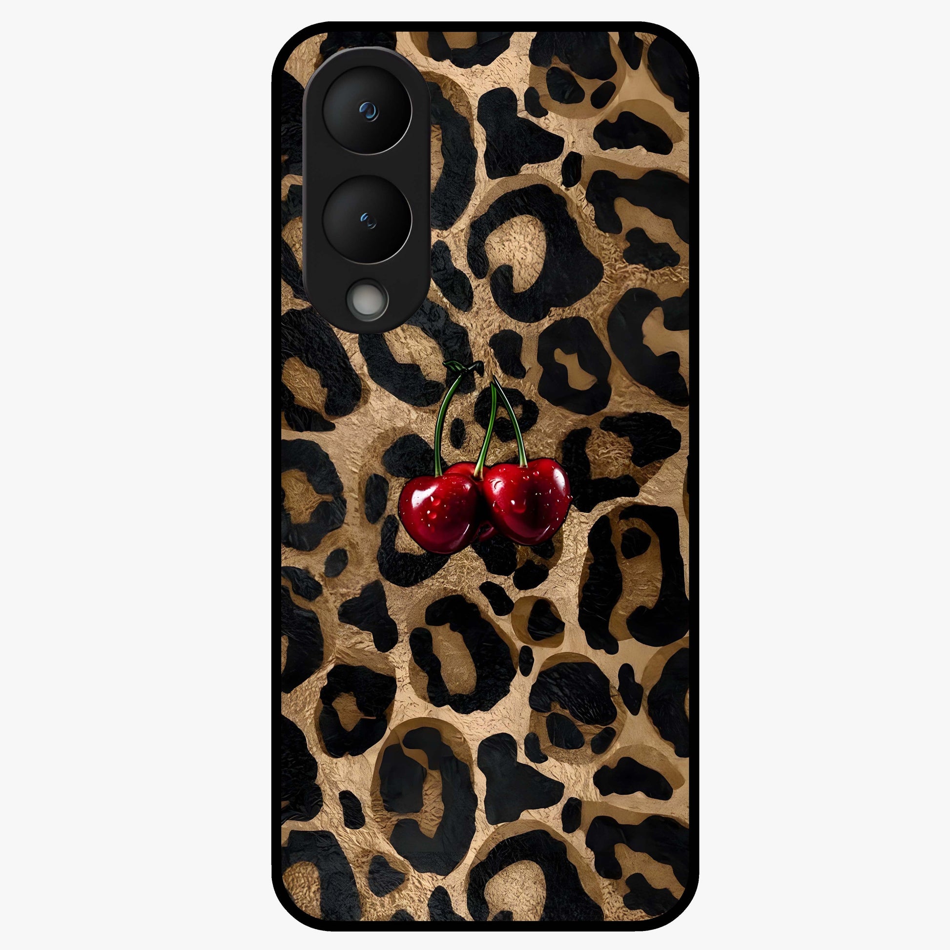 Leopard Wild Cherry Glass Case showing flat back view with leopard pattern and cherry artwork and glossy glass finish.