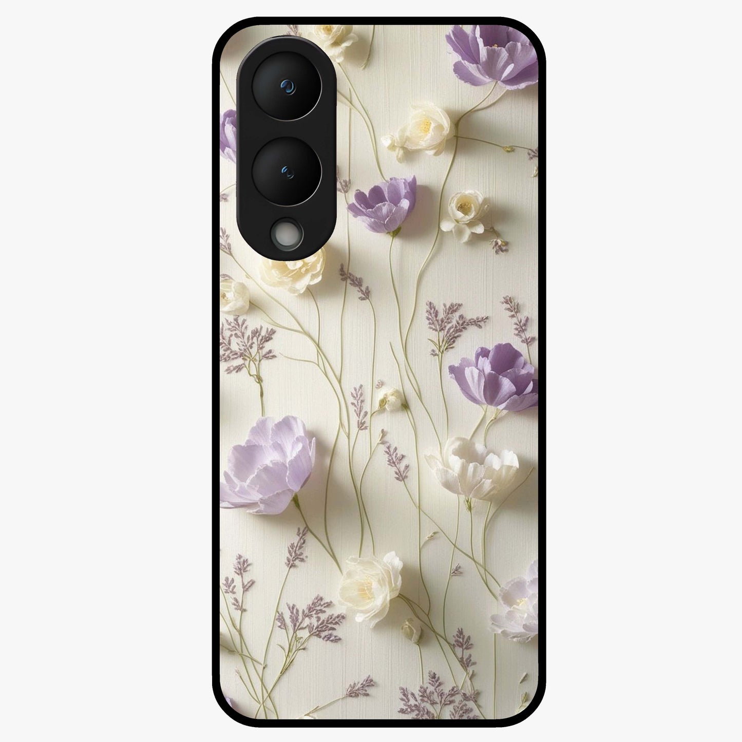 Lilac Breeze Harmony Glass Case showing flat back view with soft lilac themed artwork and glossy glass finish.