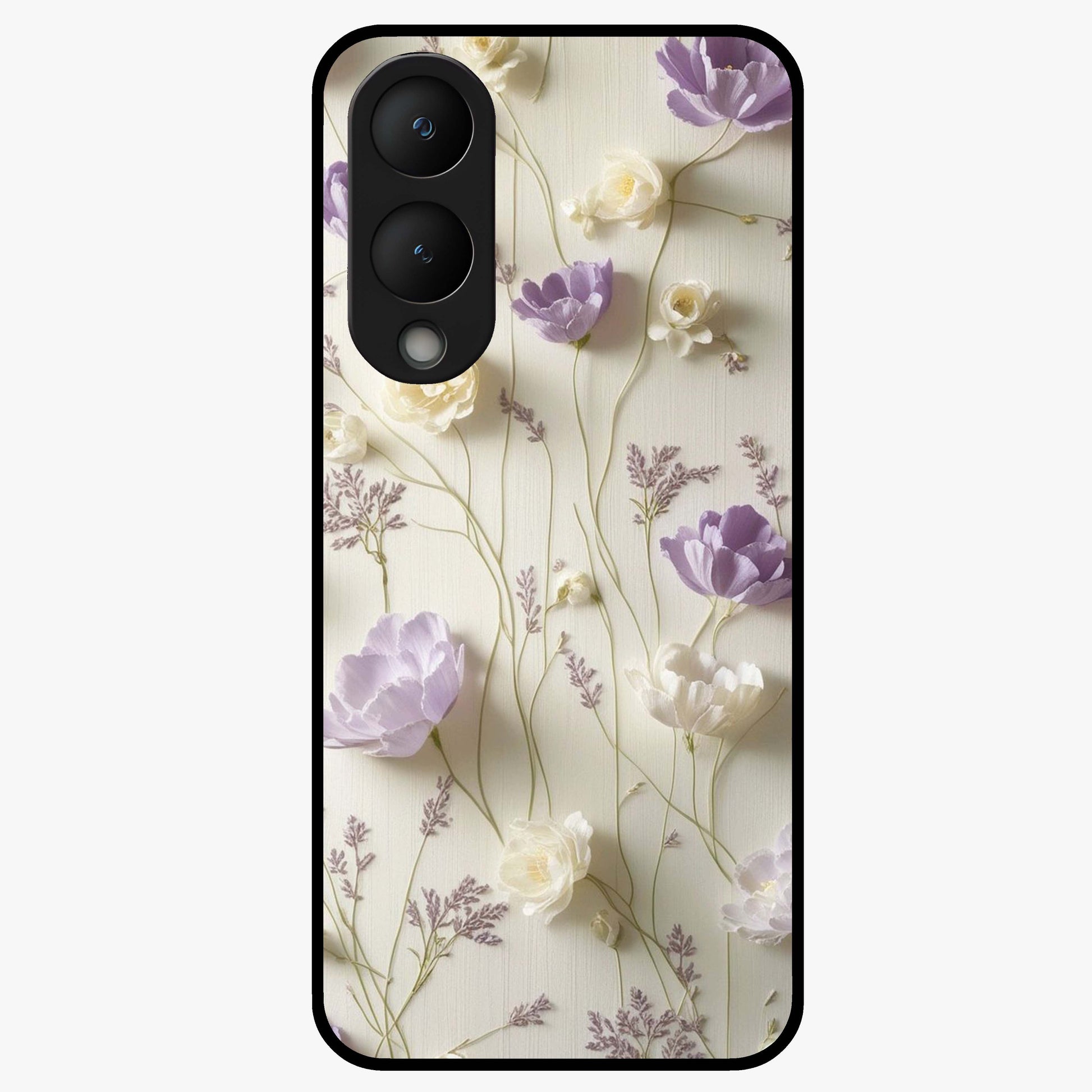 Lilac Breeze Harmony Glass Case showing flat back view with soft lilac themed artwork and glossy glass finish.