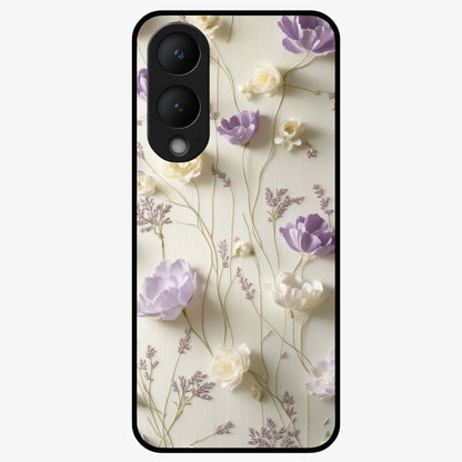 Lilac Breeze Harmony Glass Case showing flat back view with soft lilac themed artwork and glossy glass finish.