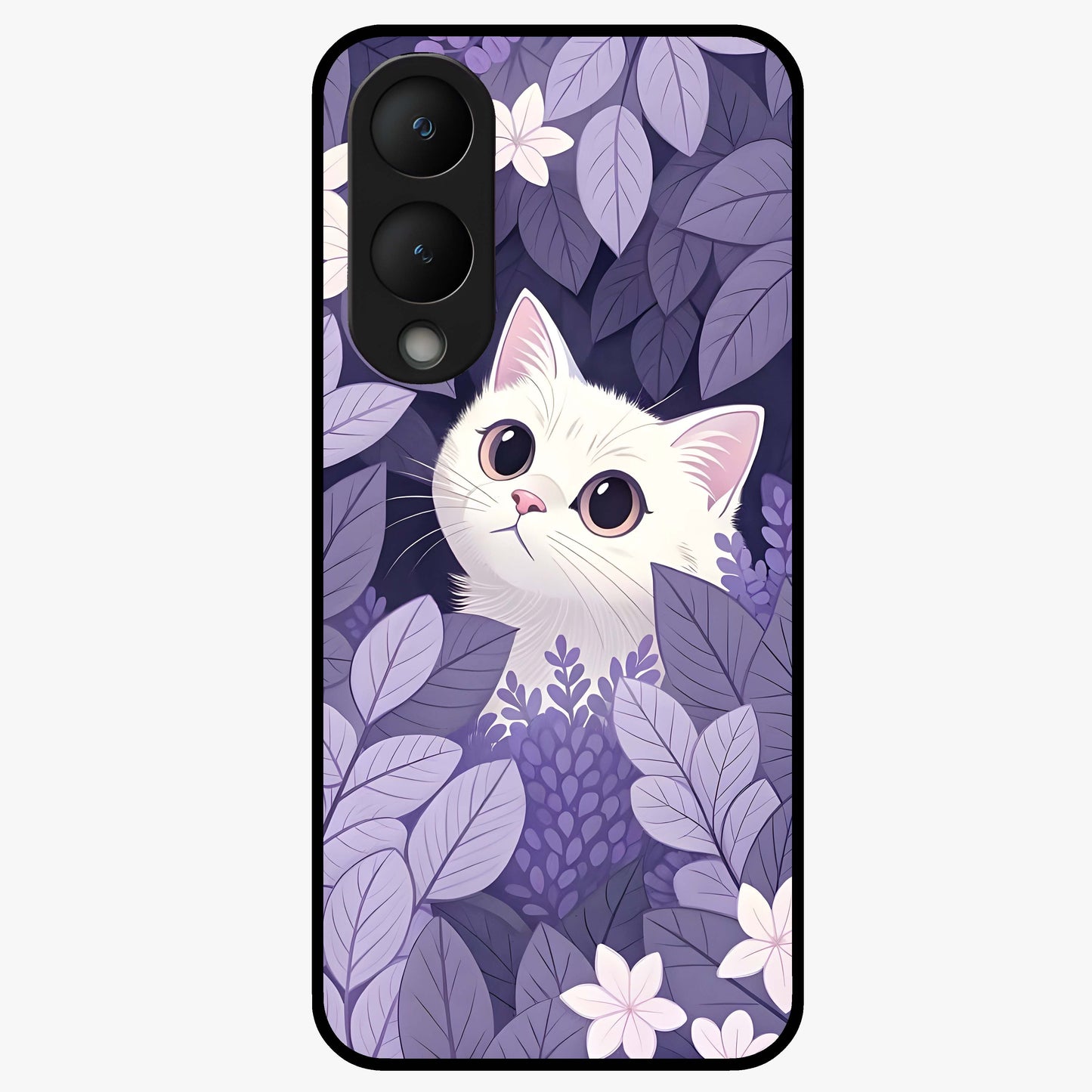 Lilac Hide Peek Cat Glass Case showing flat back view with cute peeking cat artwork and glossy glass finish.