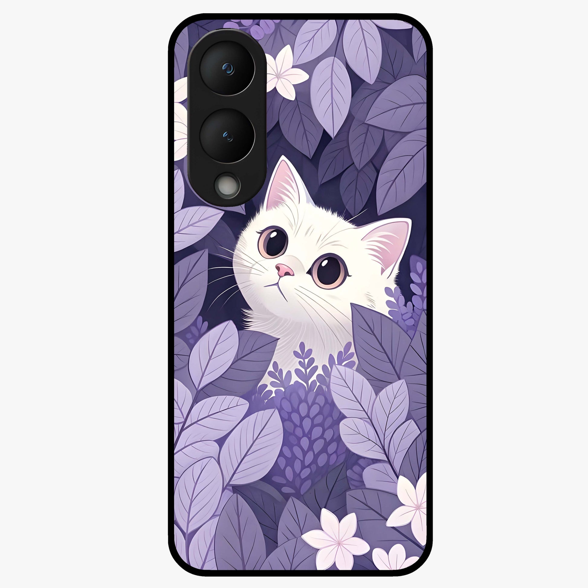 Lilac Hide Peek Cat Glass Case showing flat back view with cute peeking cat artwork and glossy glass finish.