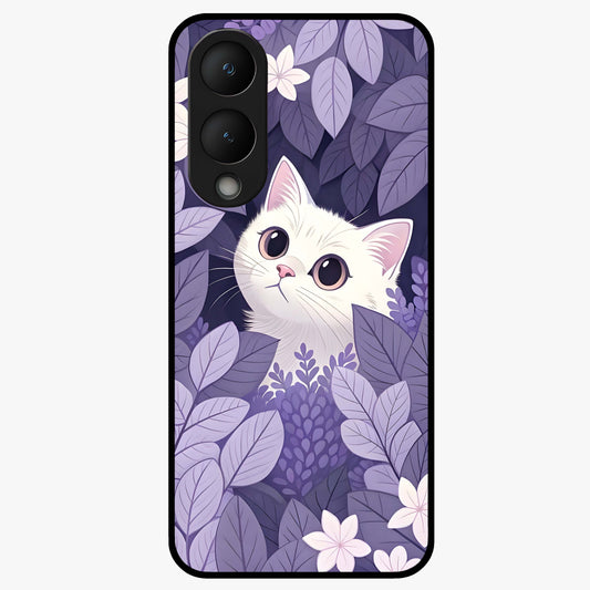 Lilac Hide Peek Cat Glass Case showing flat back view with cute peeking cat artwork and glossy glass finish.