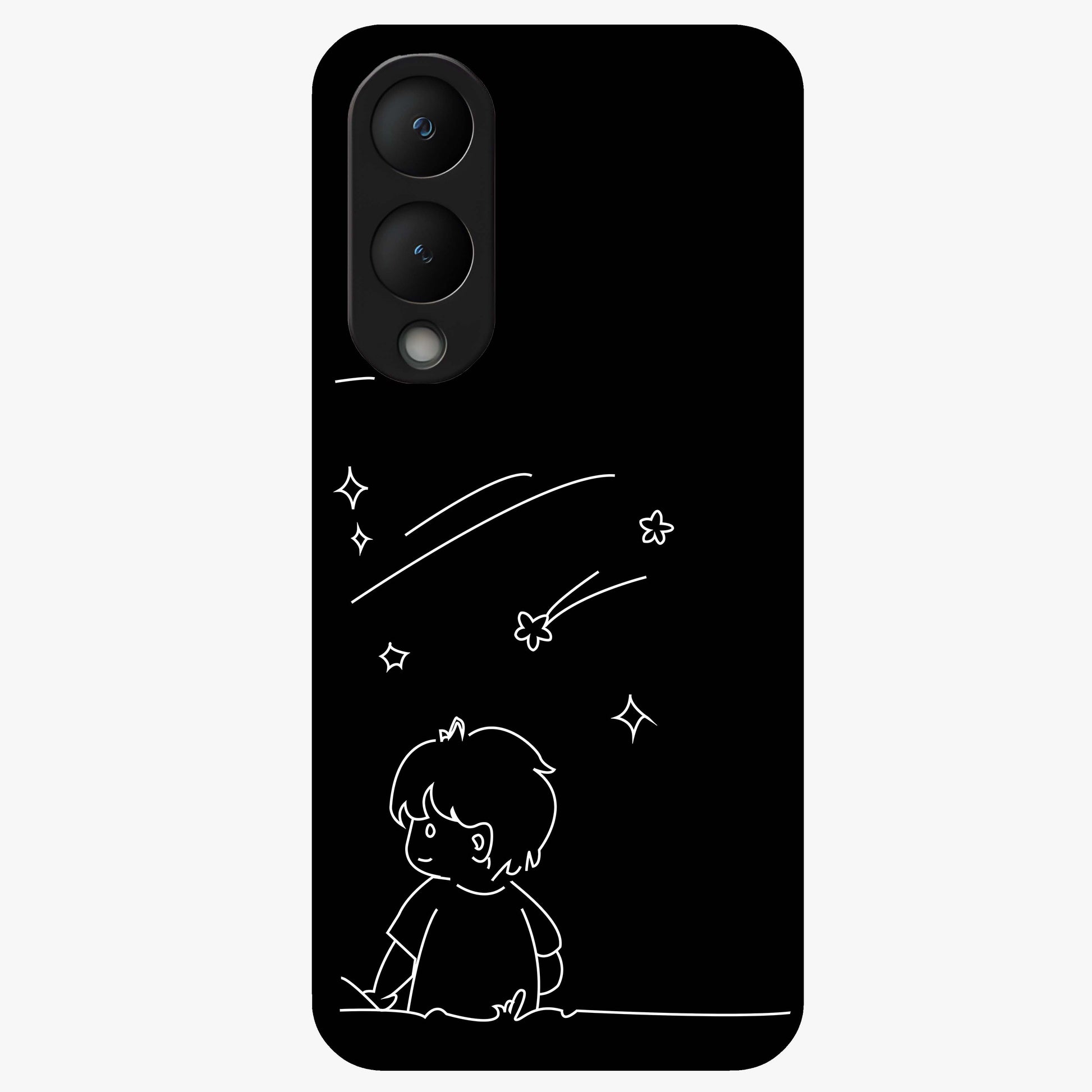Line Art Boy With Shooting Stars Glass Case showing flat back view with minimal line art boy and shooting stars illustration and glossy glass finish.
