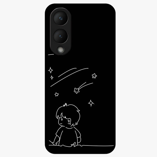 Line Art Boy With Shooting Stars Glass Case showing flat back view with minimal line art boy and shooting stars illustration and glossy glass finish.
