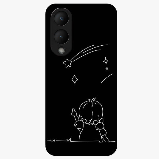 Line Art Girl With Shooting Stars Glass Case showing flat back view with minimal line art girl and shooting stars illustration and glossy glass finish.