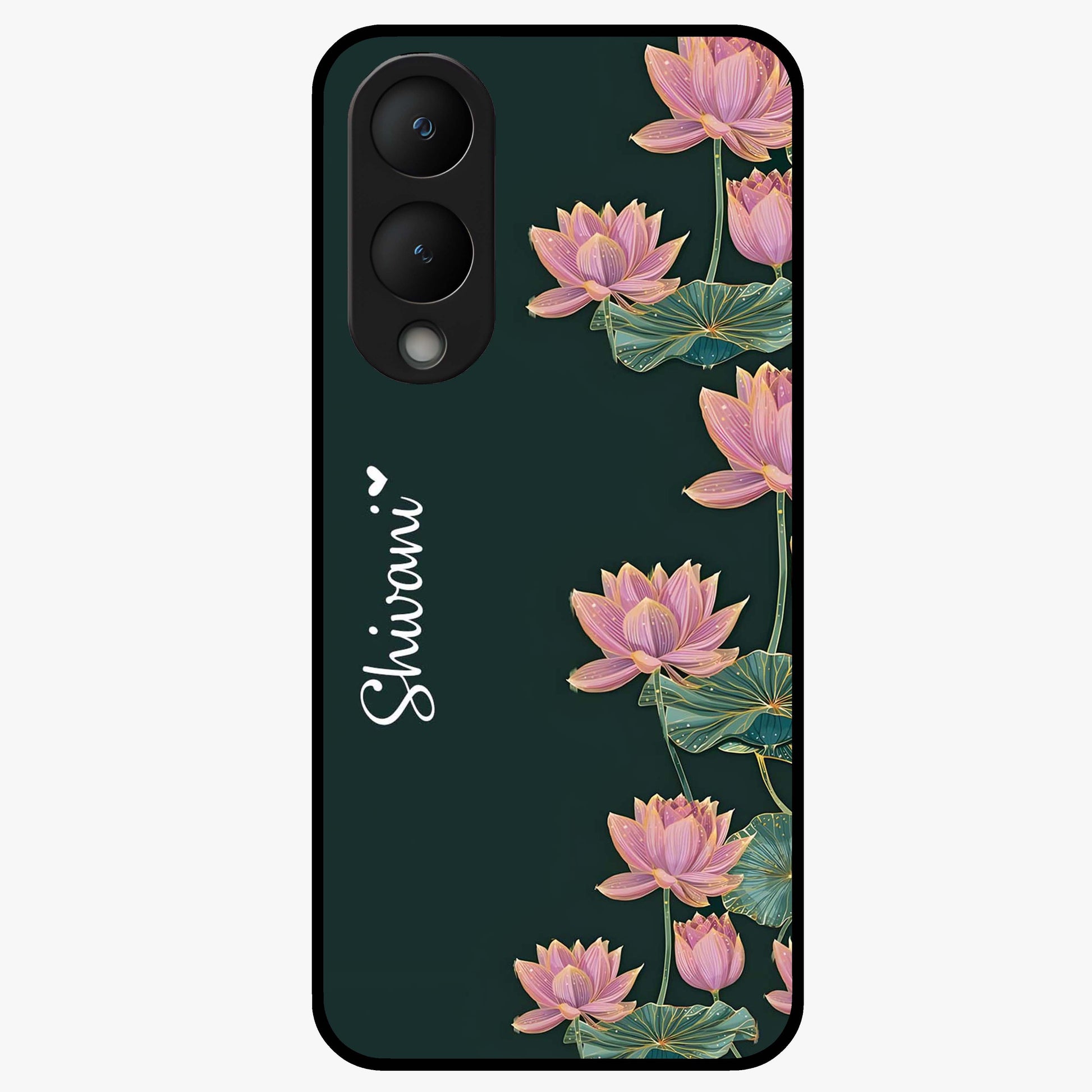 Lotus Bloom Serenity Custom Name Glass Case showing flat back view with elegant lotus flower artwork and personalized name design.