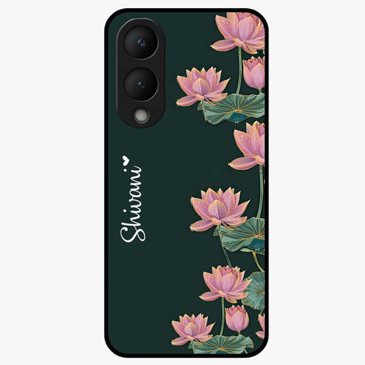 Lotus Bloom Serenity Custom Name Glass Case showing flat back view with elegant lotus flower artwork and personalized name design.