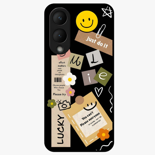 Lucky Aesthetic Collage Glass Case showing flat back view with trendy aesthetic collage artwork and glossy glass finish.