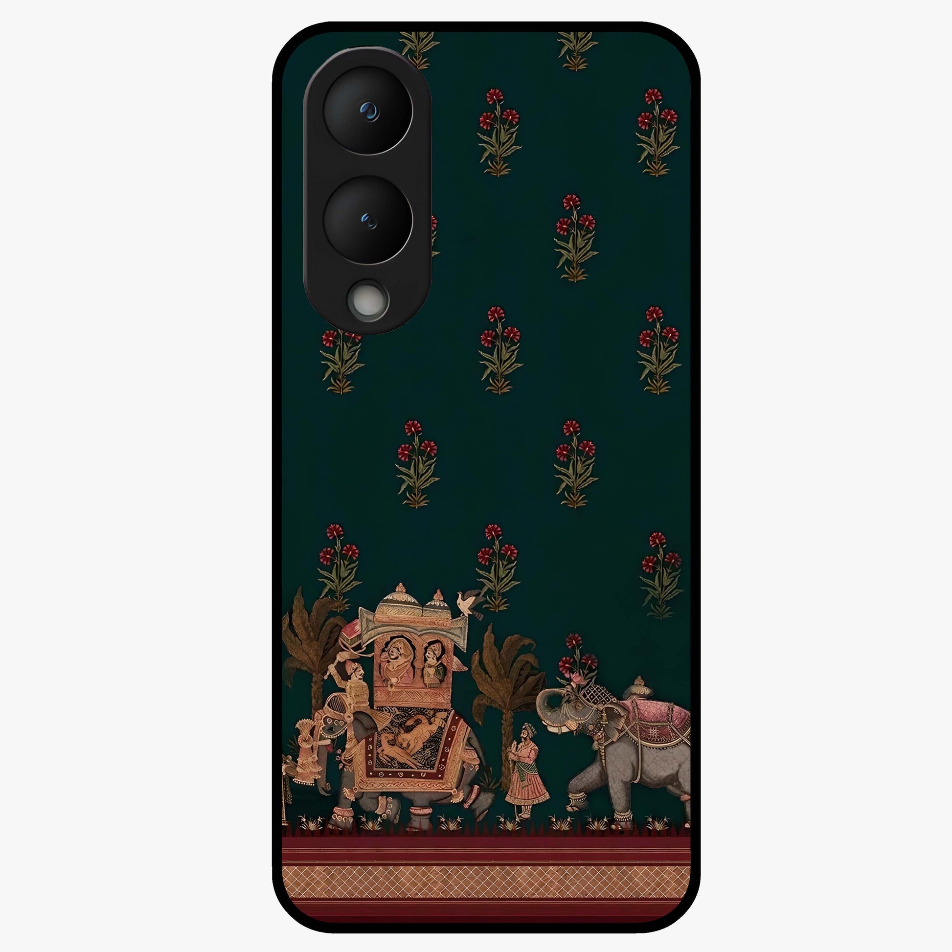 Macmerise Glass Case showing flat back view with stylish modern artwork and glossy glass finish.