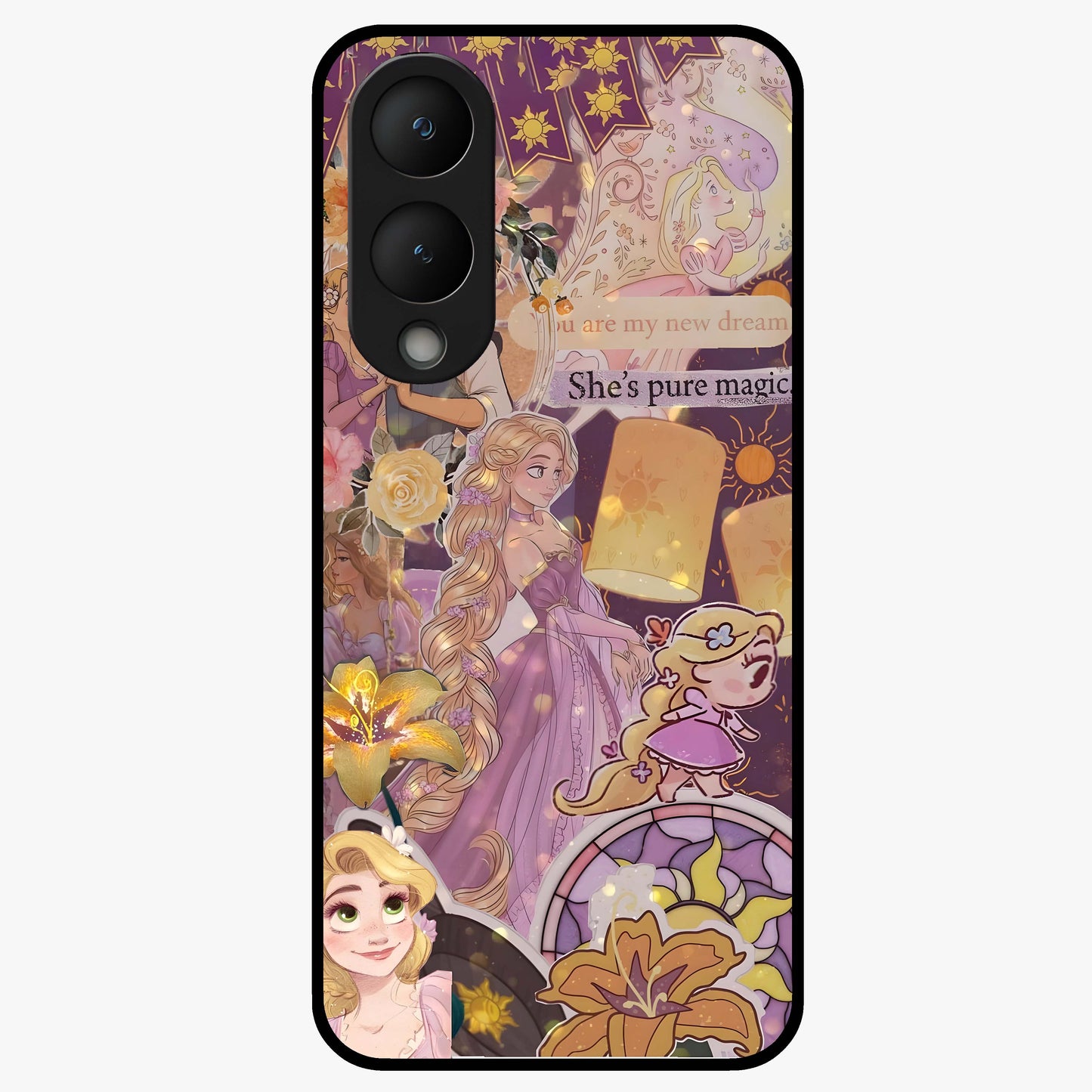Magical Tangled Dream Glass Case showing flat back view with dreamy tangled artwork and glossy glass finish.