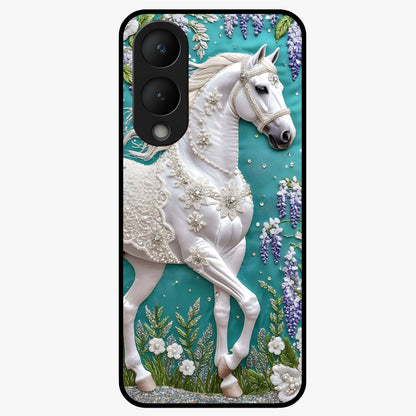 Majestic Floral Stallion Glass Case showing flat back view with powerful horse and floral artwork and glossy glass finish.