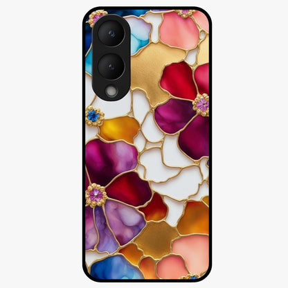 Marble Flower Pattern Glass Case showing flat back view with marble texture floral artwork and glossy glass finish.