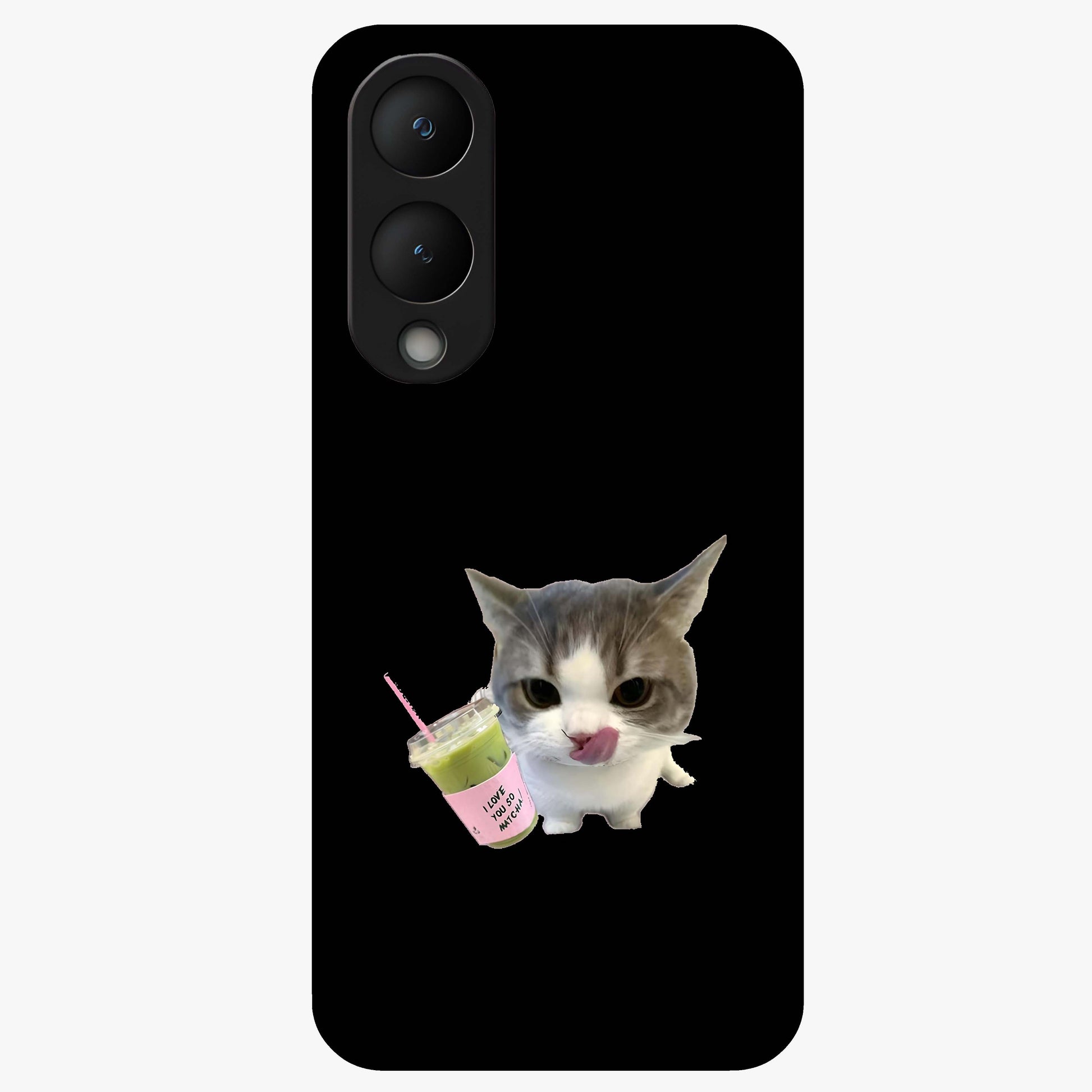 Matcha Cat Style Glass Case showing flat back view with cute matcha themed cat artwork and glossy glass finish.