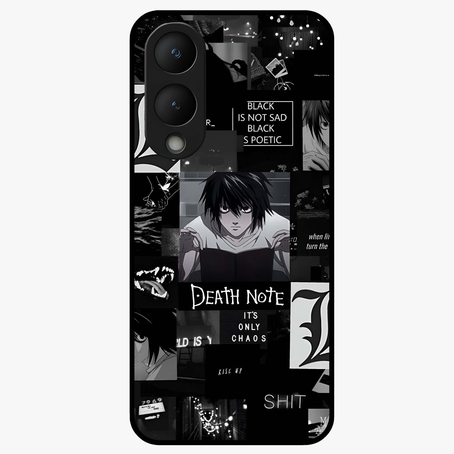 Midnight Chaos Mind Glass Case showing flat back view with abstract dark themed artwork and glossy glass finish.