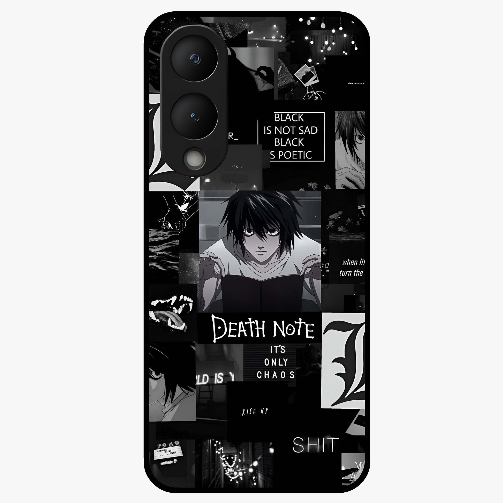 Midnight Chaos Mind Glass Case showing flat back view with abstract dark themed artwork and glossy glass finish.