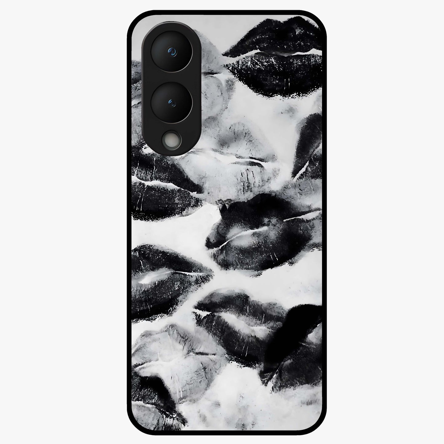 Midnight Kiss Marks Glass Case showing flat back view with lipstick kiss mark artwork and glossy glass finish.