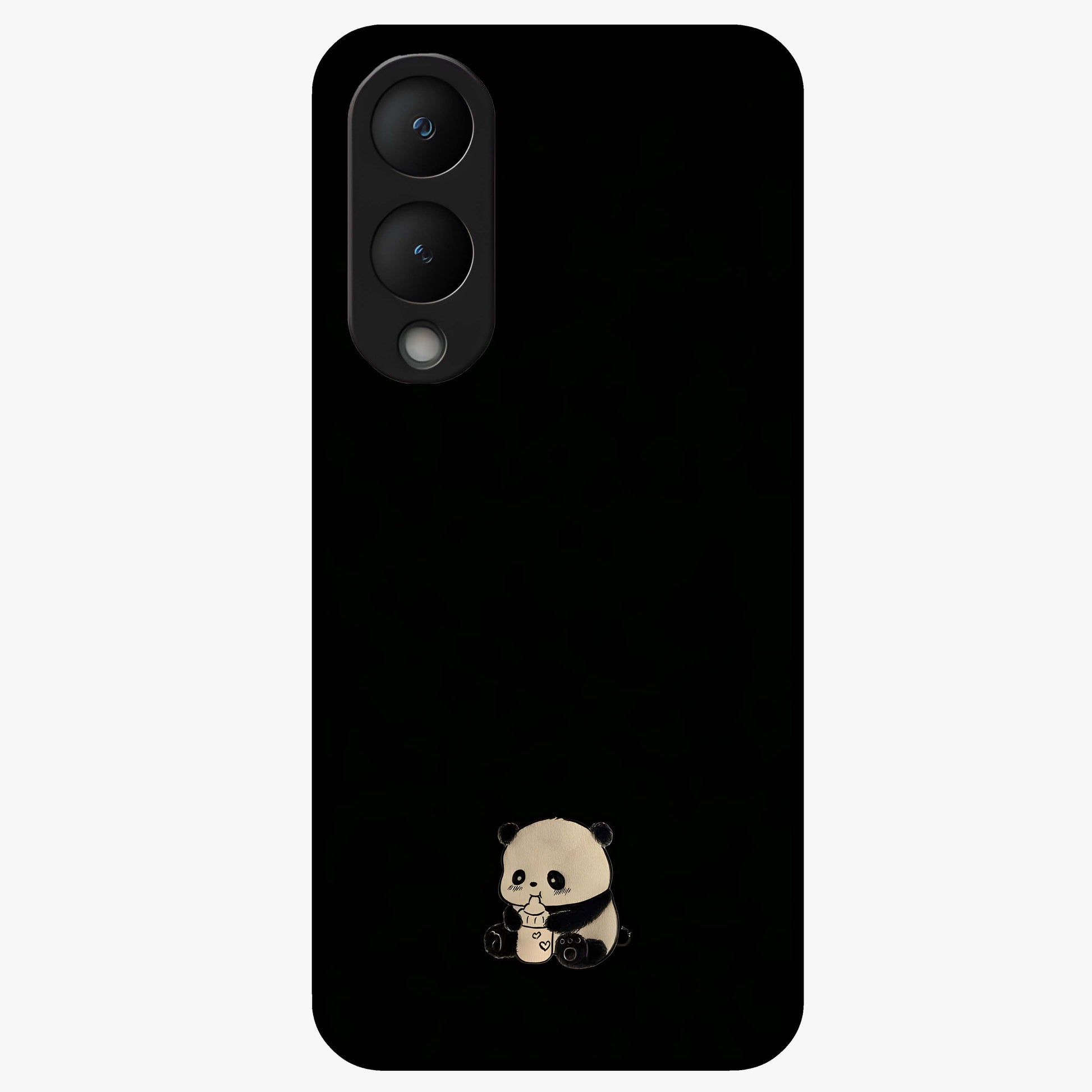 Midnight Panda Love Glass Case showing flat back view with cute panda themed artwork and glossy glass finish.
