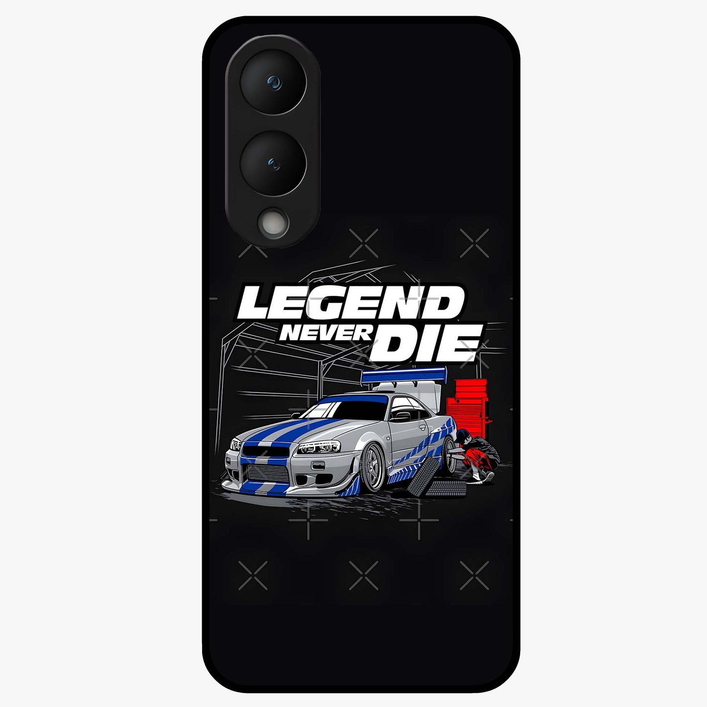Midnight Racing Legacy Glass Case showing flat back view with sleek racing inspired artwork and glossy glass finish.
